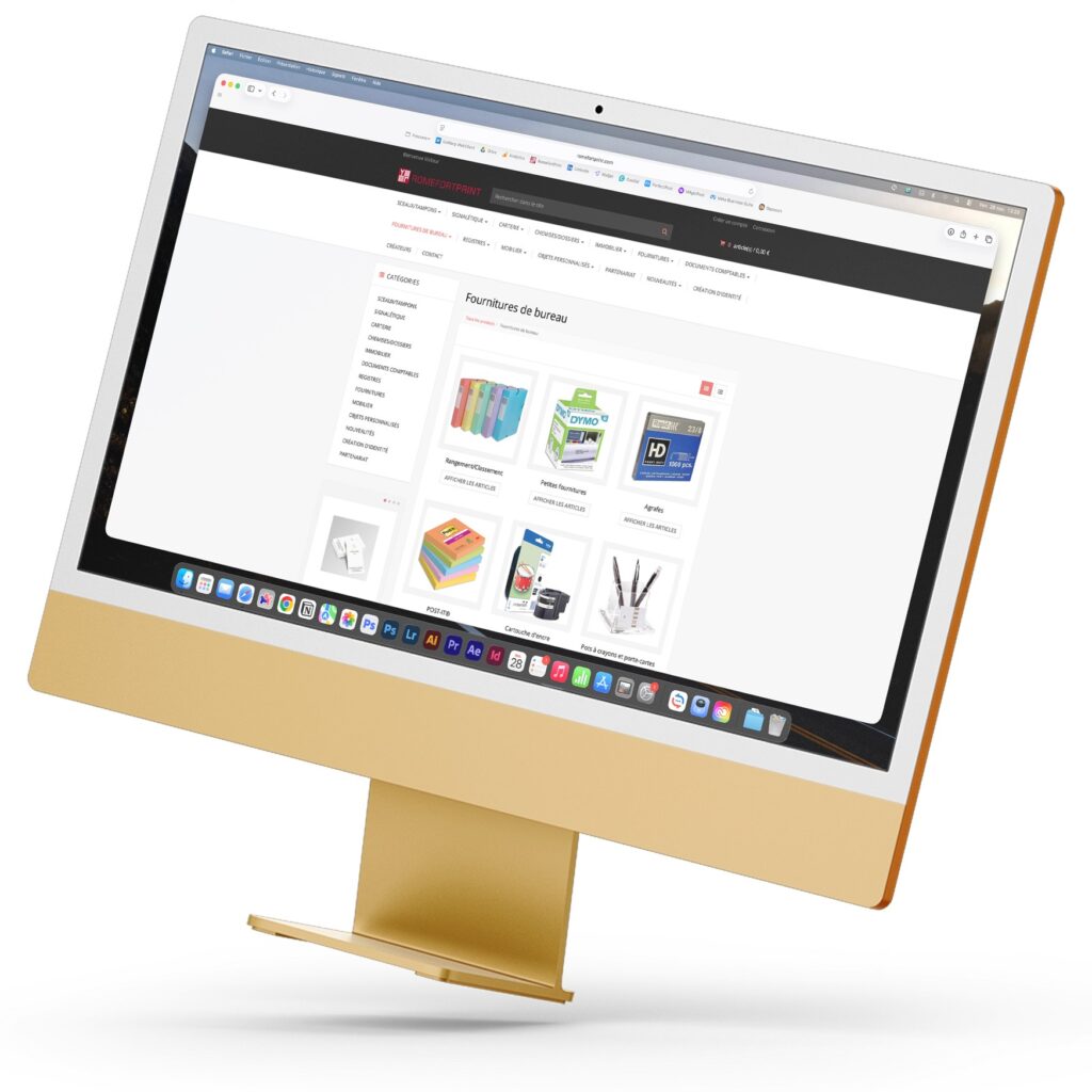 Apple iMac 24 pouces jaunes flottant. Sur l'écran, le site romefortprint.com est ouvert sur la page fournitures de bureau.